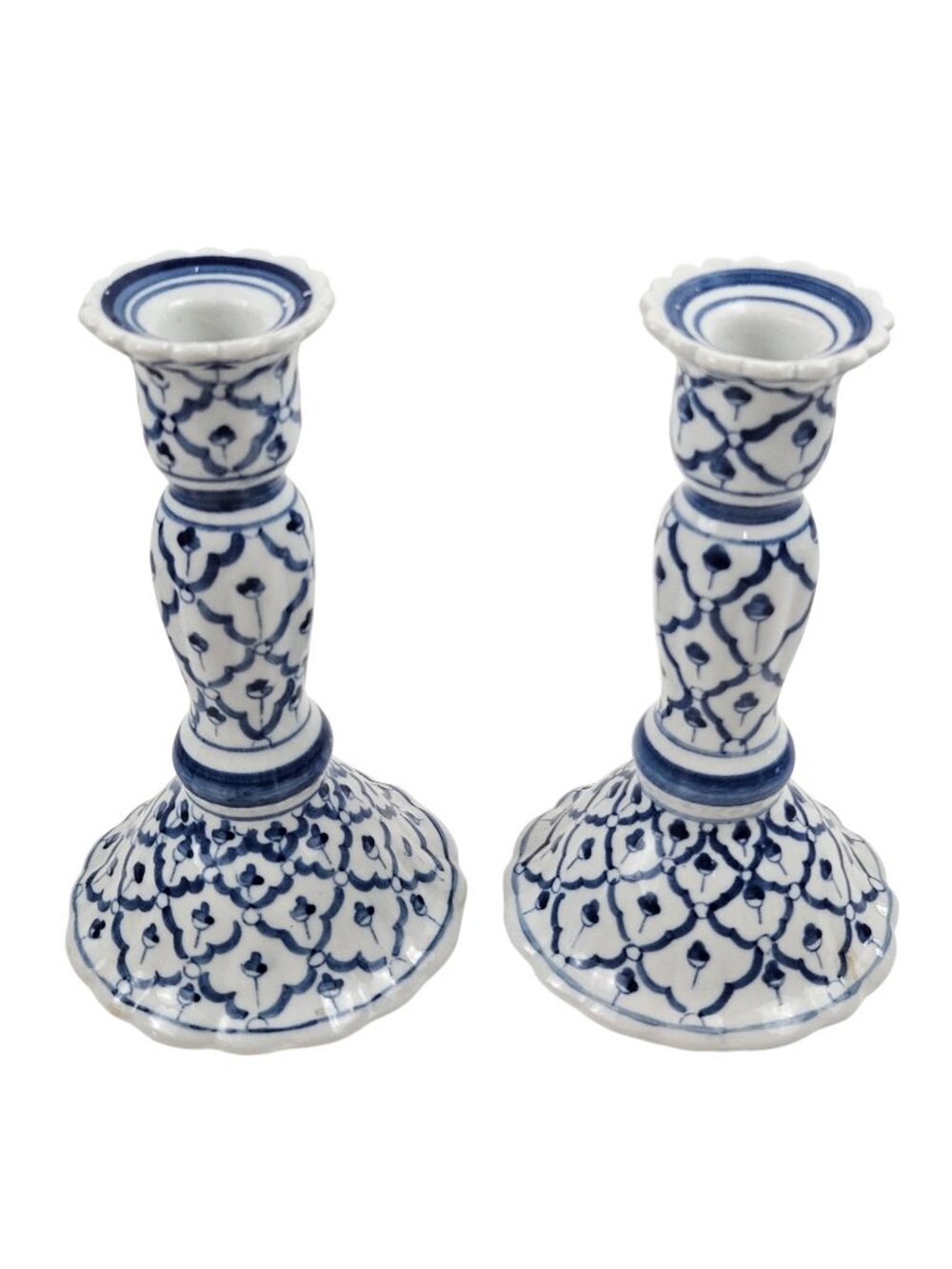 Vintage Blue White Thai Pottery Candlestick Holders Pair Floral Ceramic 7 in